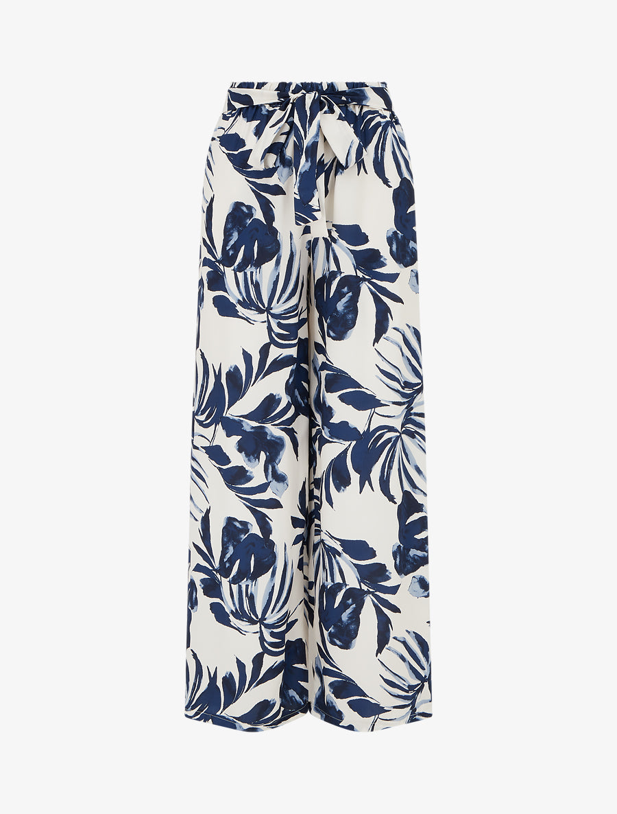 Pantalon élastiqué à imprimé tropical - Marine - 1