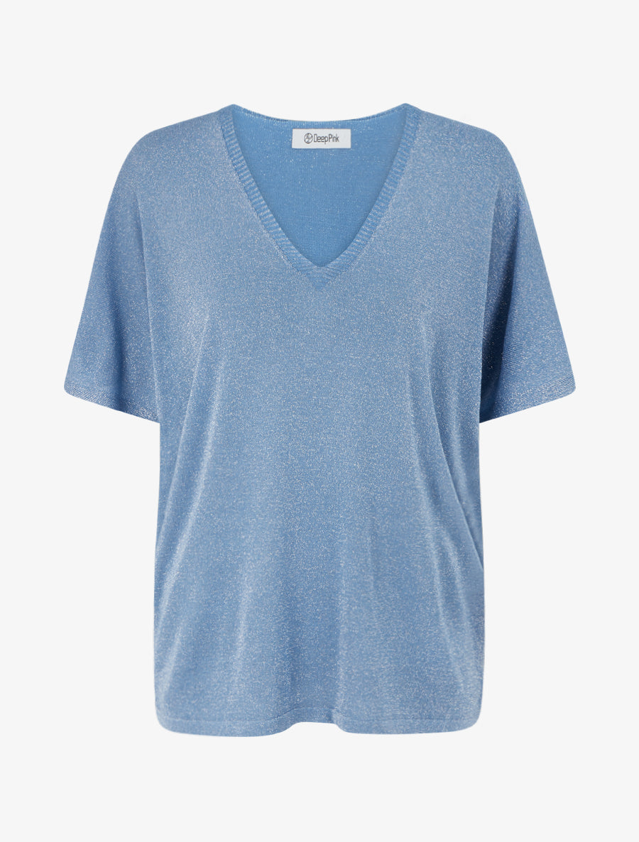 Top ample manches courtes en maille fine irisée - Bleu - 1
