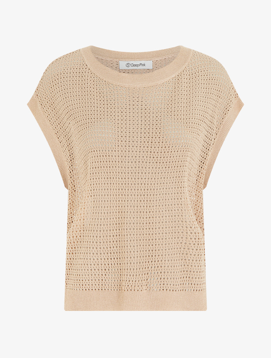 Top en maille fine ajouré et irisé - Rose saumon - 1