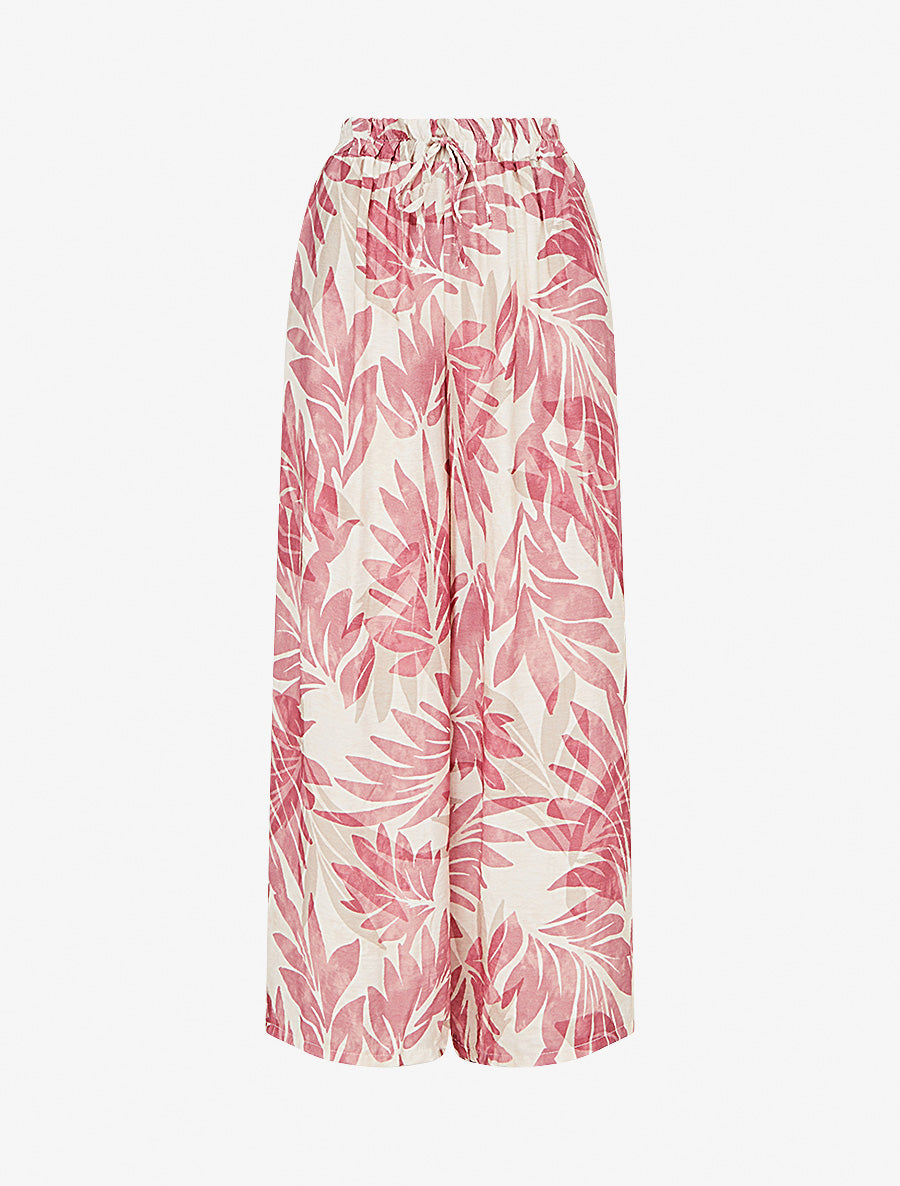Pantalon imprimé feuillage et à taille haute élastiquée - Rose - 1
