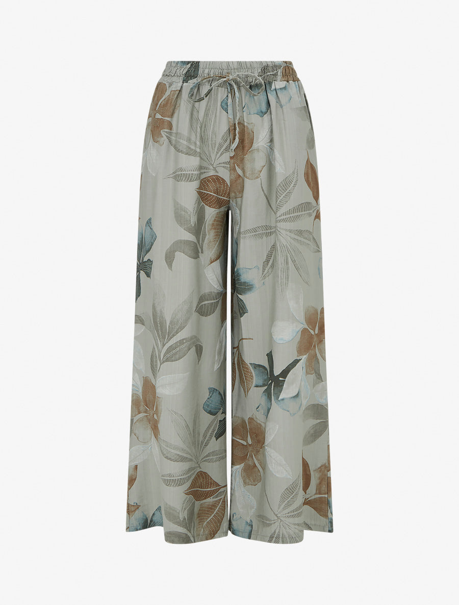 Pantalon élastiqué à imprimé feuillage - Kaki - 1