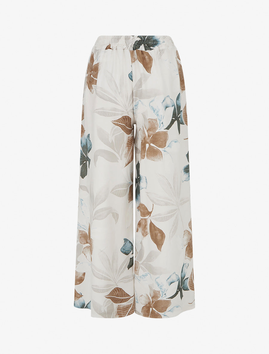 Pantalon élastiqué à imprimé feuillage - Beige - 2