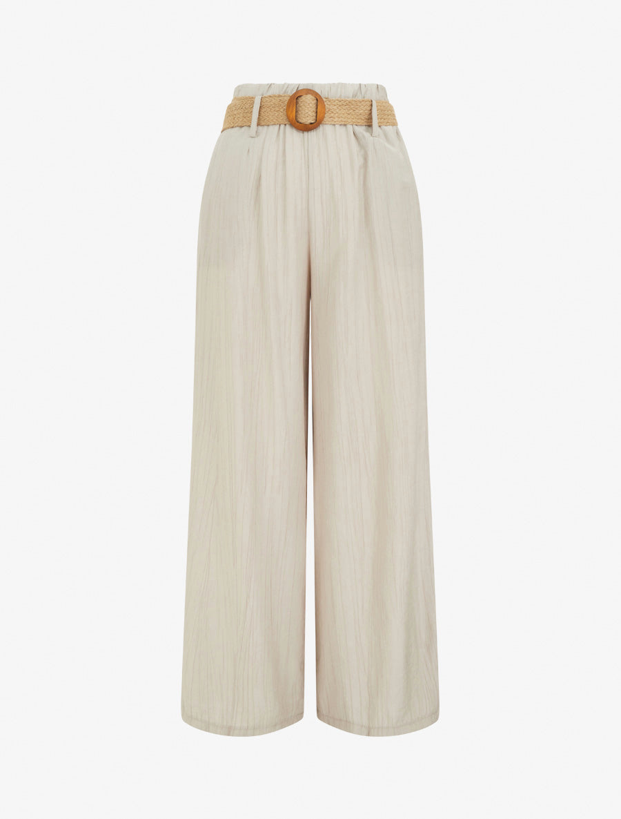 Pantalon fluide uni à taille élastiquée - Taupe - 1