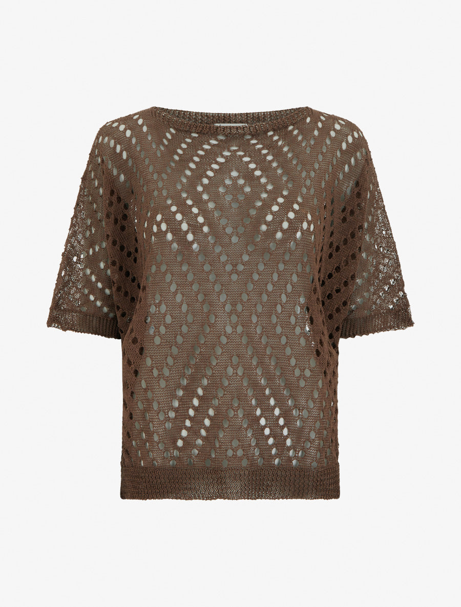 Top uni ajouré en maille - Marron - 1