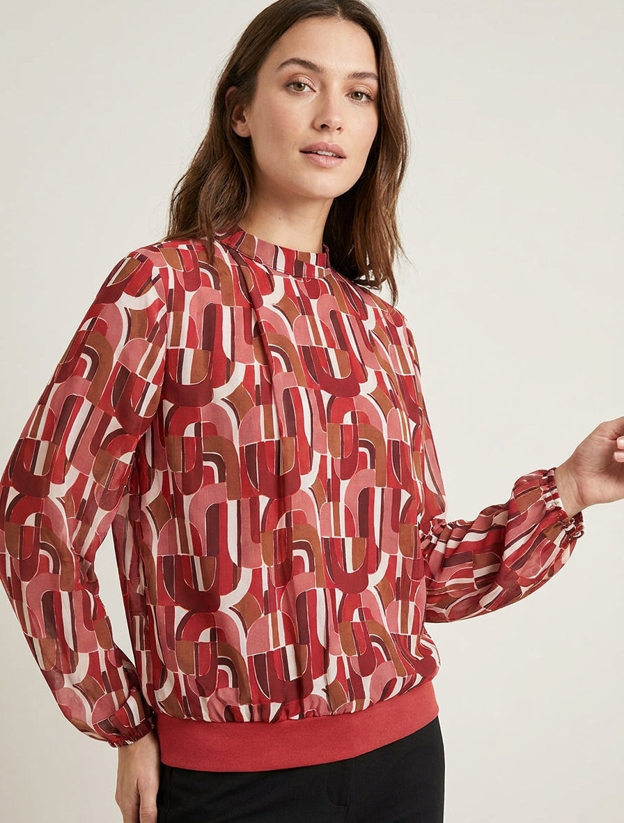 Retro bedrukte blouse met elastische manchetten - Rood