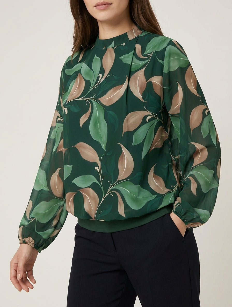 Blouse met bladprint en elastische manchetten - Dennengroen