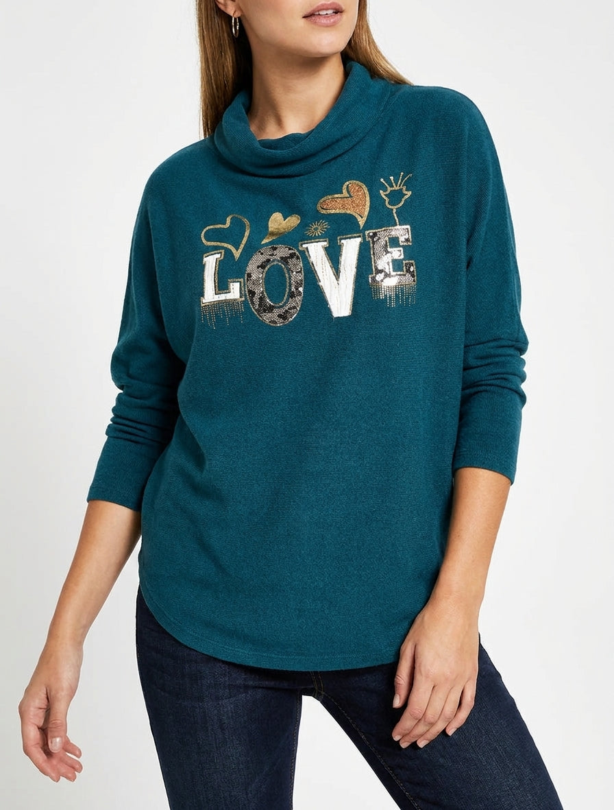 Trui met watervalhals en opschrift LOVE - Eendenblauw