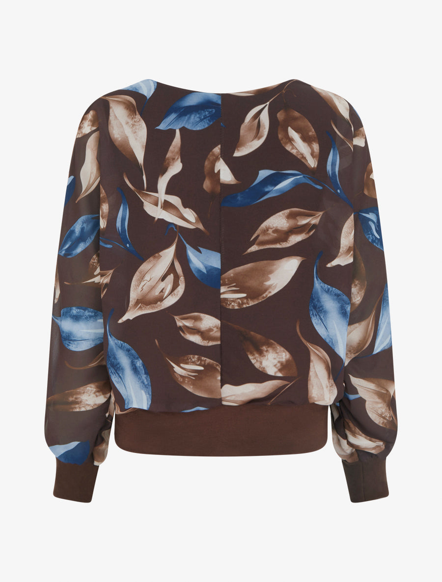 Top boule imprimé feuilles à manches chauve-souris - Marron - 2