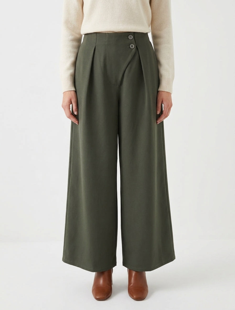 Effen broek met elastische tailleband - Kaki