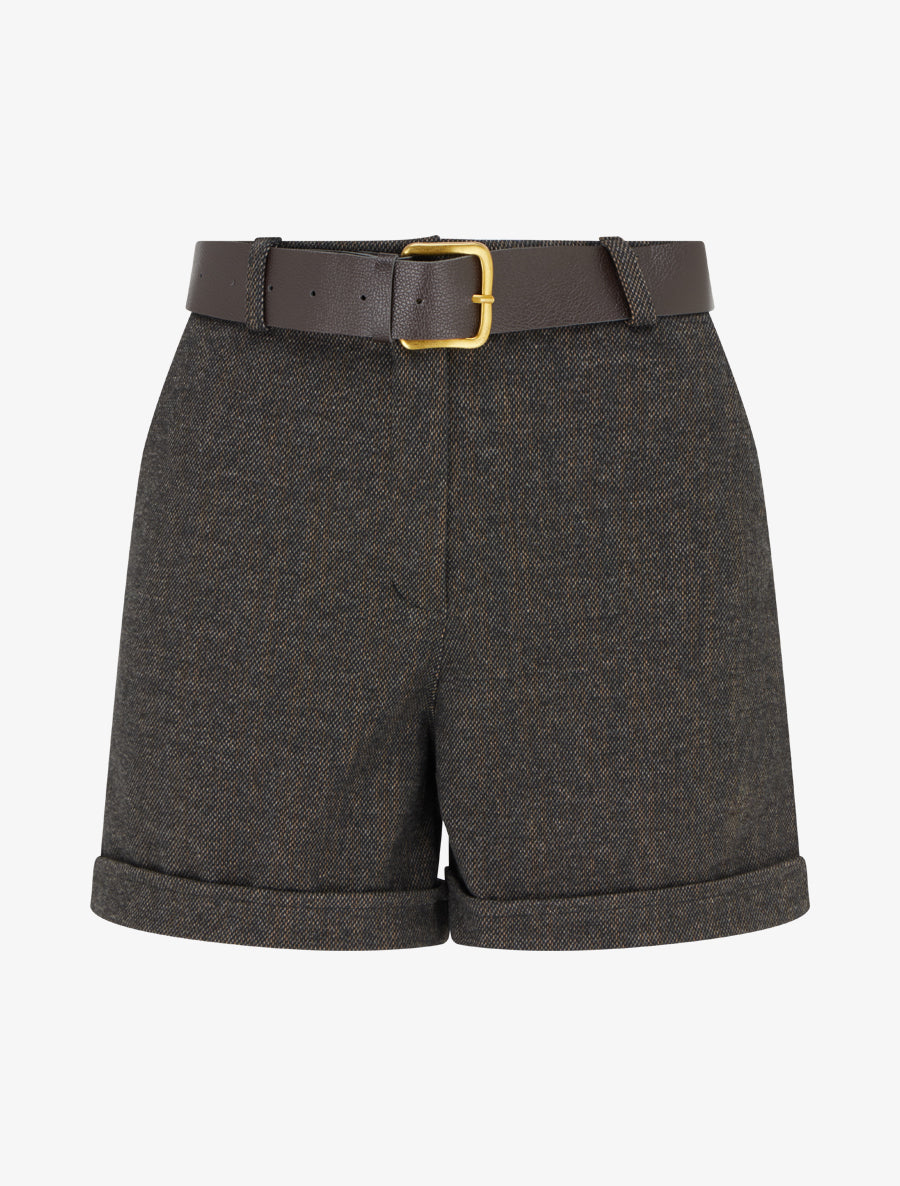 Short droit en feutrine à taille haute et ceinture - Noir - 1