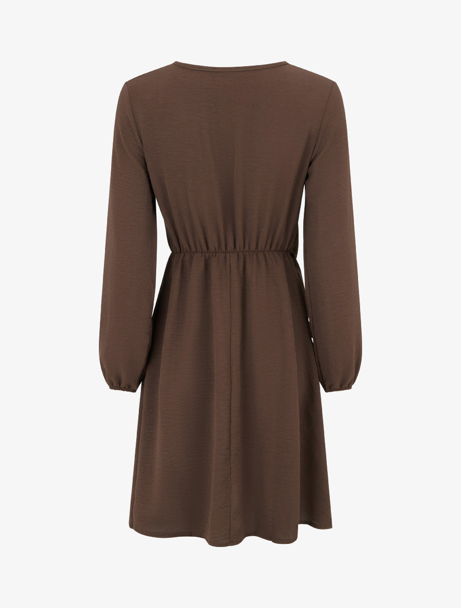 Robe évasée manches longues à pan drapé et bijou - Marron - 2