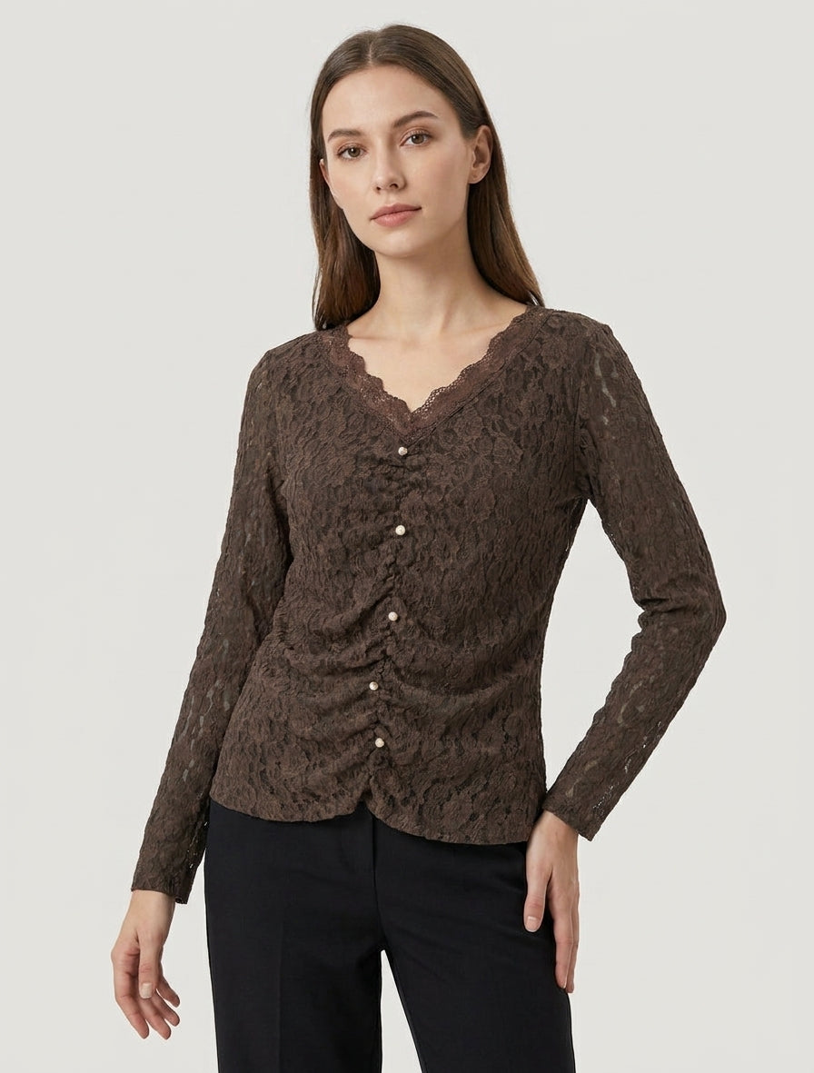 Top van kant met gerimpeld effect en decoratieve knopen - Bruin