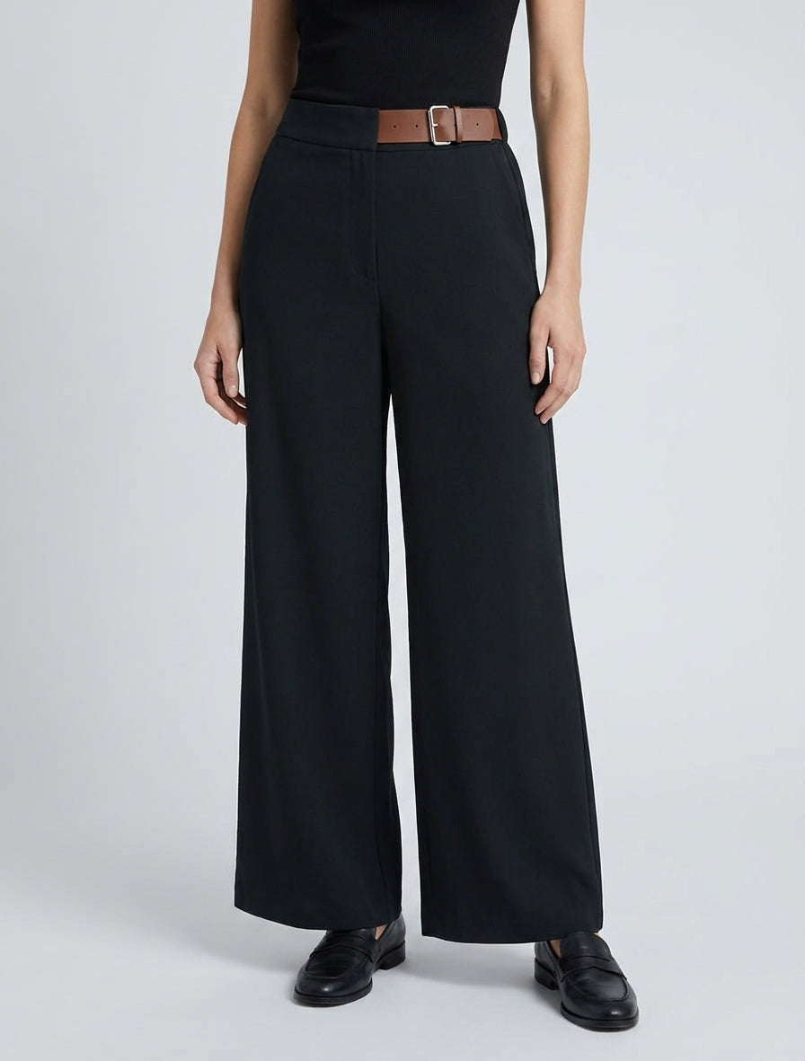 Hoge taille wijde broek met decoratieve riem - Zwart
