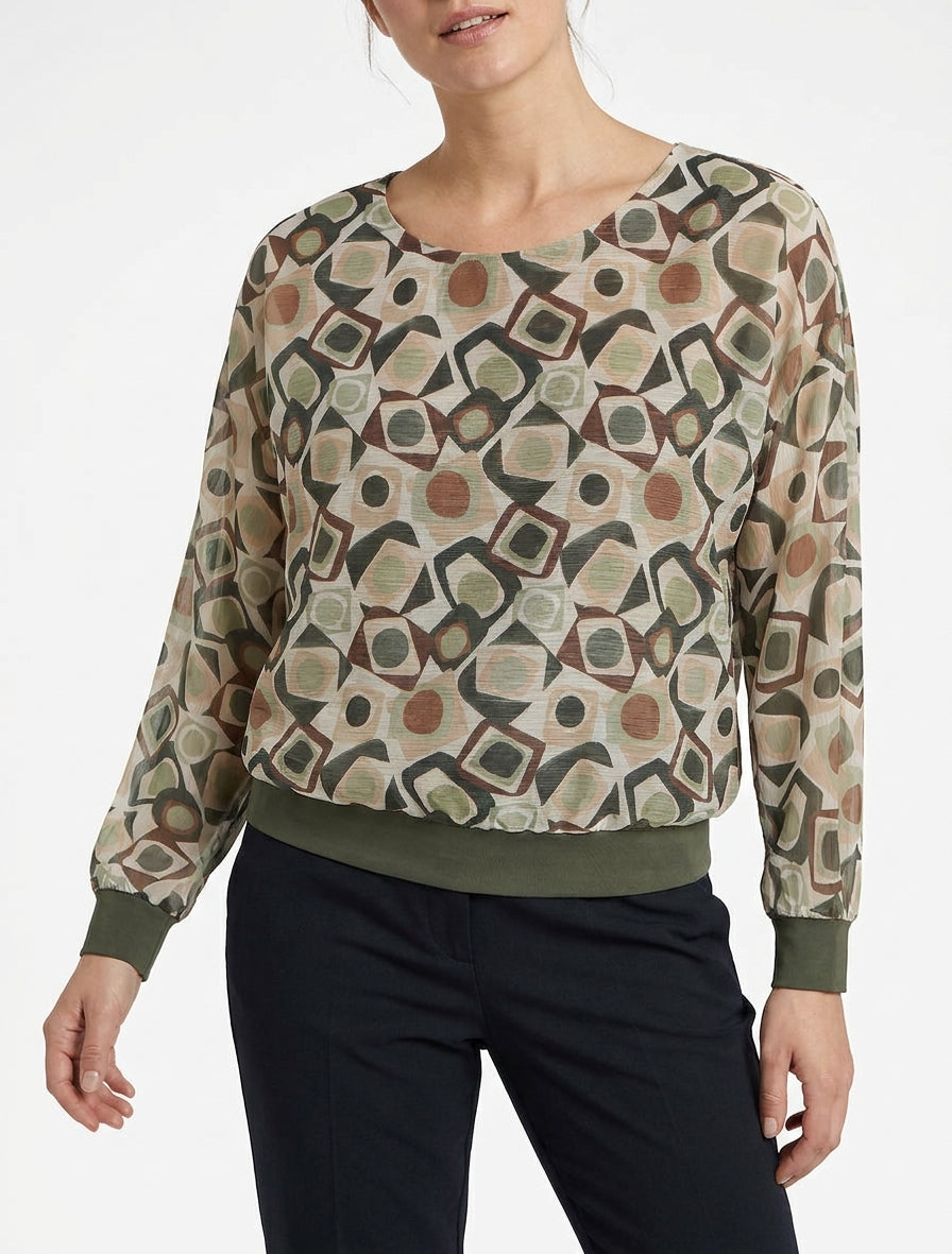 Retro bedrukte blouse met glanzend detail - Kaki