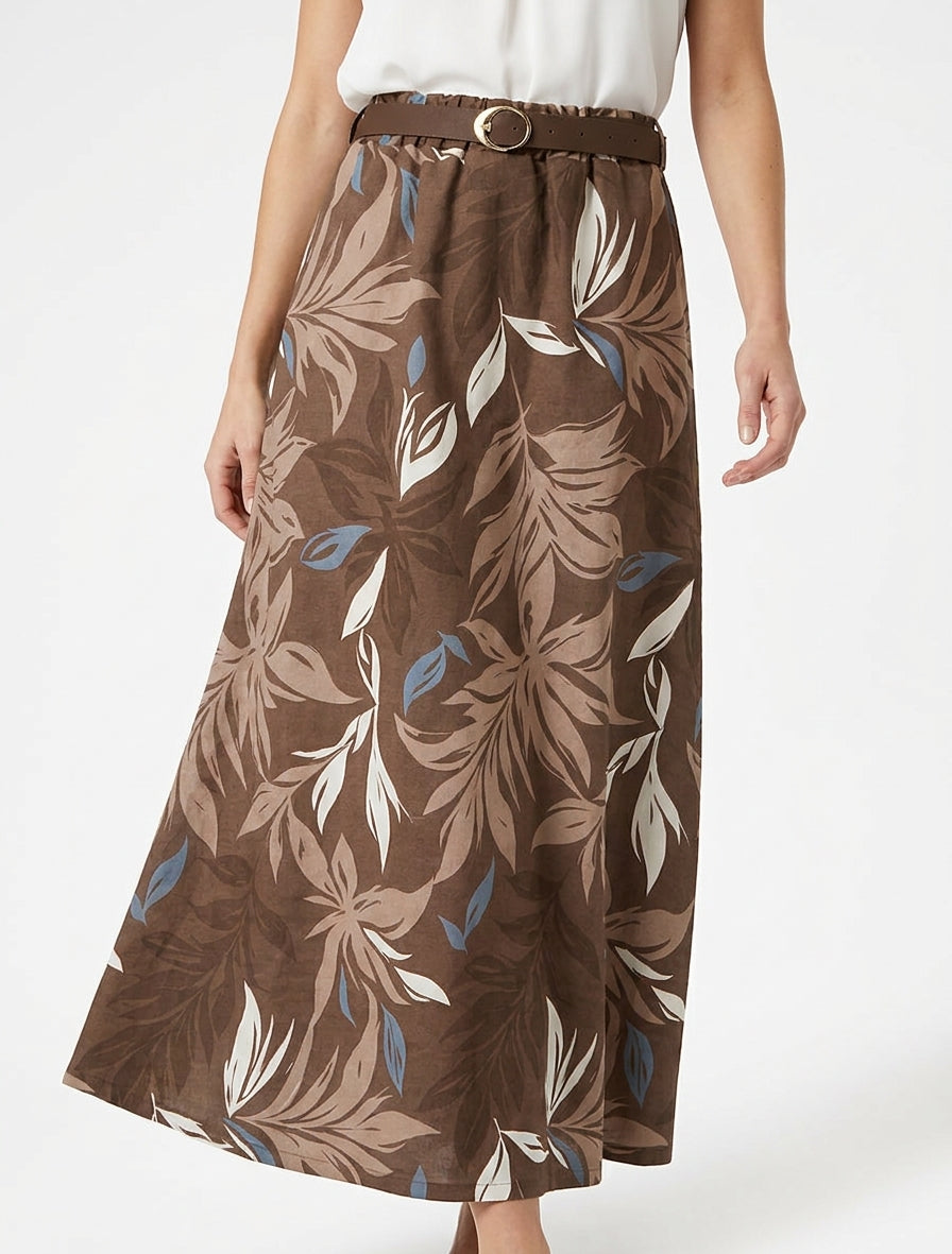 Rok met bladprint en elastische tailleband - Bruin