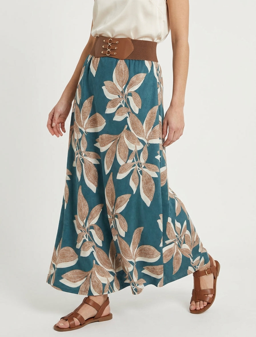 Lange rok van suèdine met bladenprint - Eendenblauw