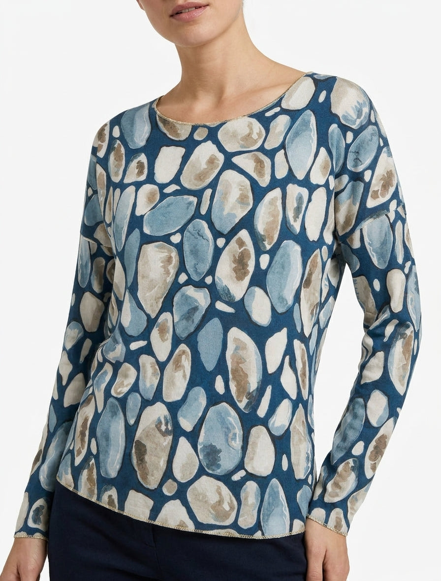 Fijne trui met ronde hals en kiezelprint - Eendenblauw
