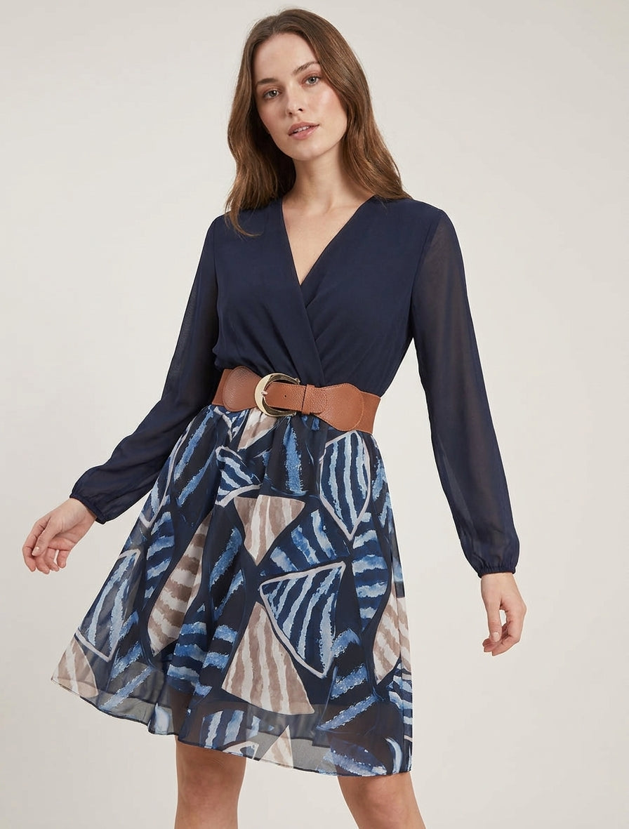 Uitlopende jurk met abstracte bladenprint - Marine