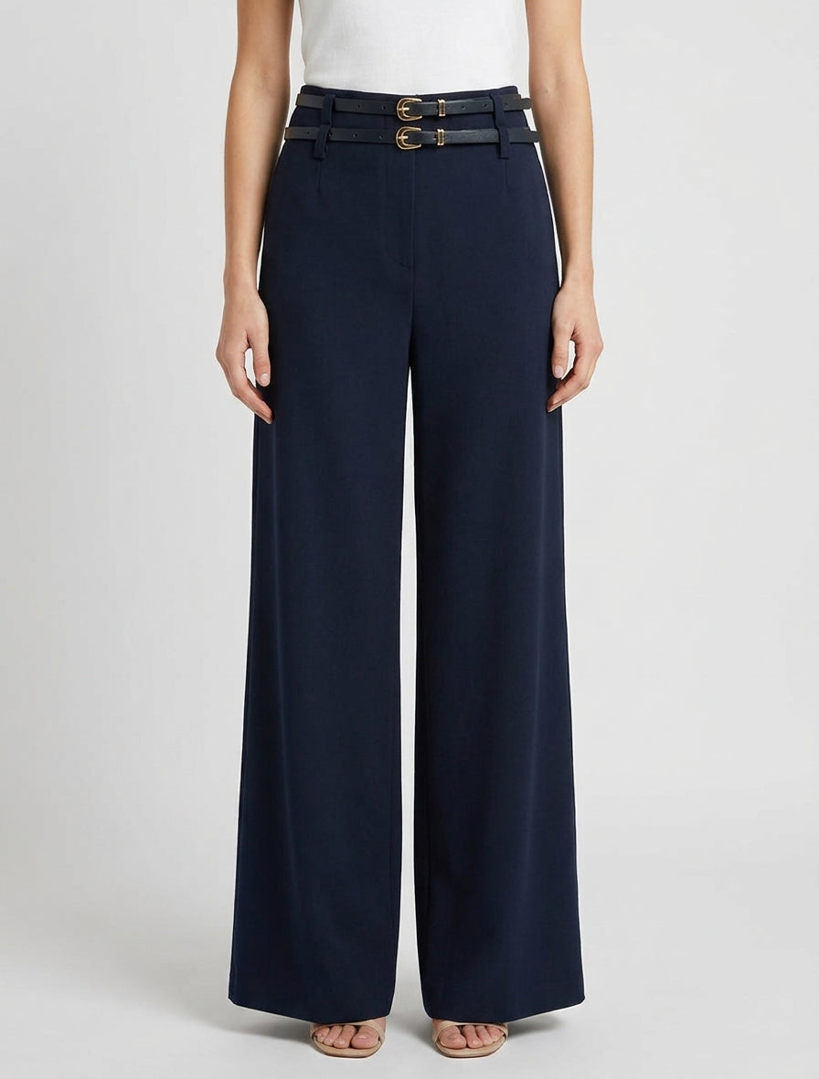 Hoge taille wijde broek met dubbele riemen - Marine