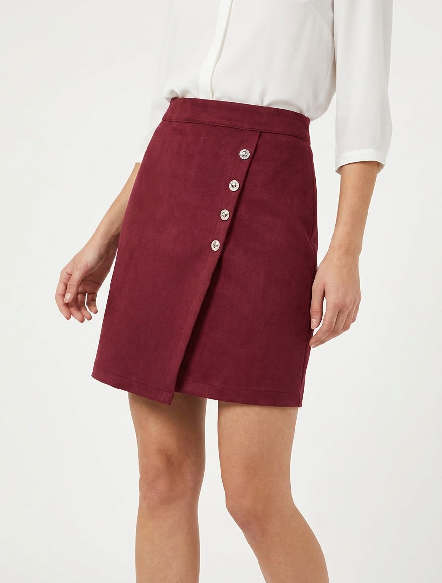 Suède rok in overslagstijl met knopen - Bordeaux
