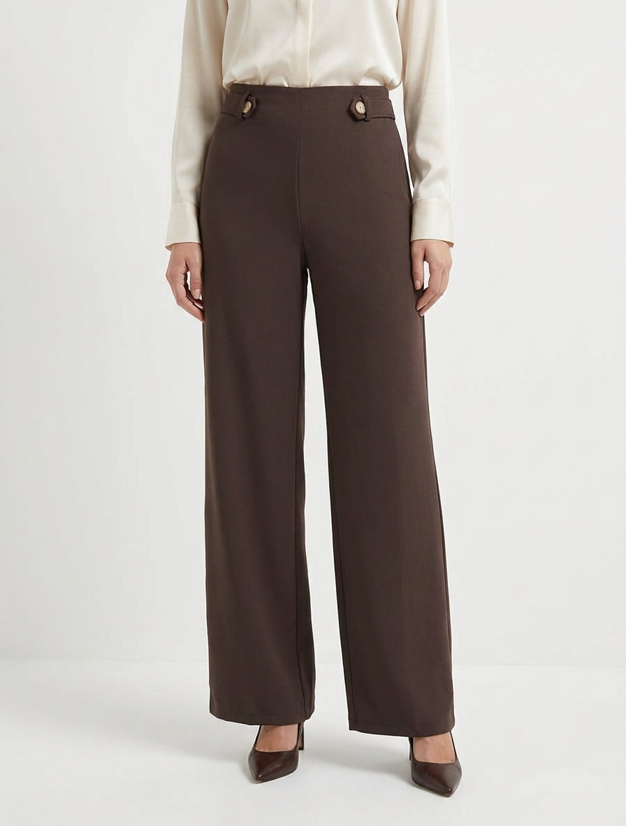 Wijde broek met hoge taille en decoratieve knopen. - Chocolade