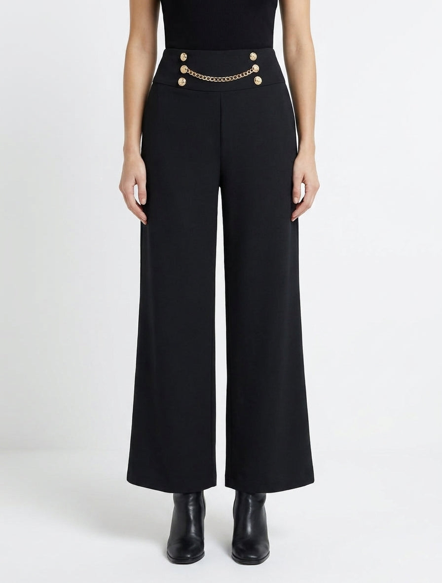 Broek met hoge taille, knopen en ketting - Zwart