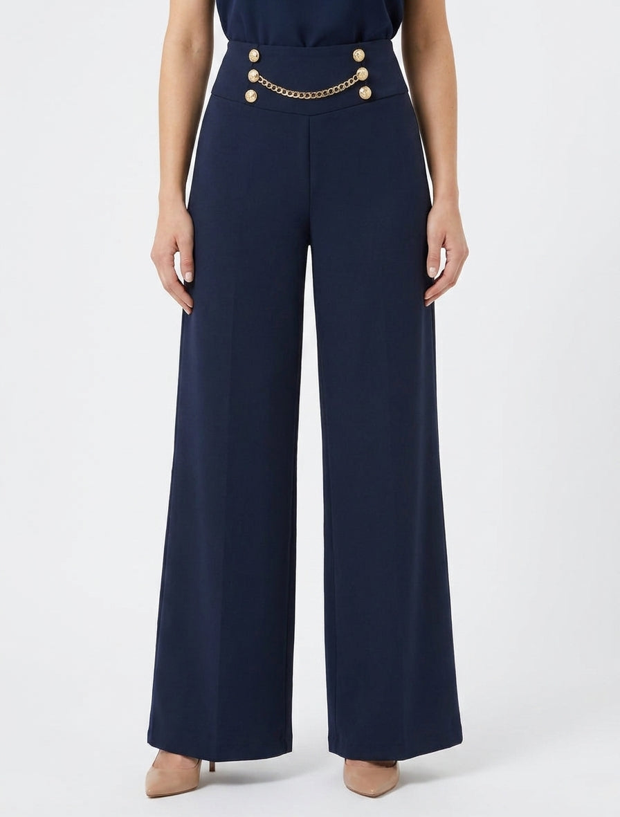Broek met hoge taille, knopen en ketting - Marine