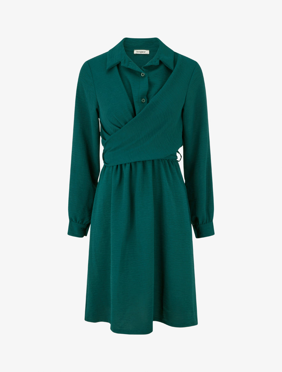 Robe chemise à pan à nouer - Vert foncé - 1