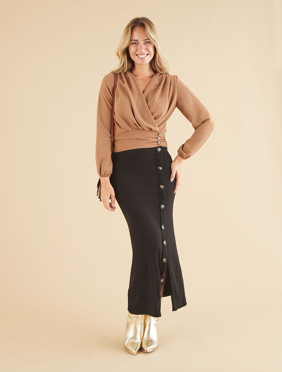 Crop top à col cache-coeur - Camel - 4