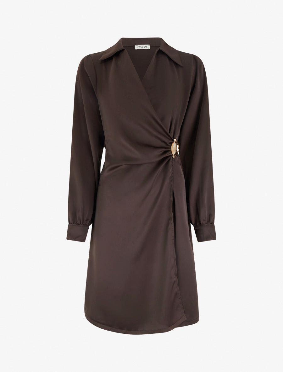 Robe portefeuille satinée à manches longues et bijou - Marron - 1