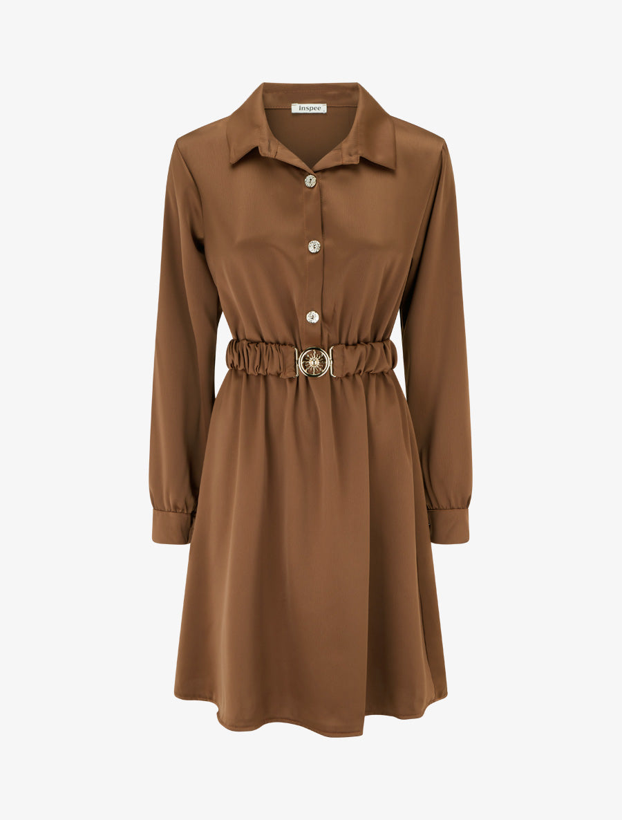 Robe satinée style chemise à manches longues - Camel - 1