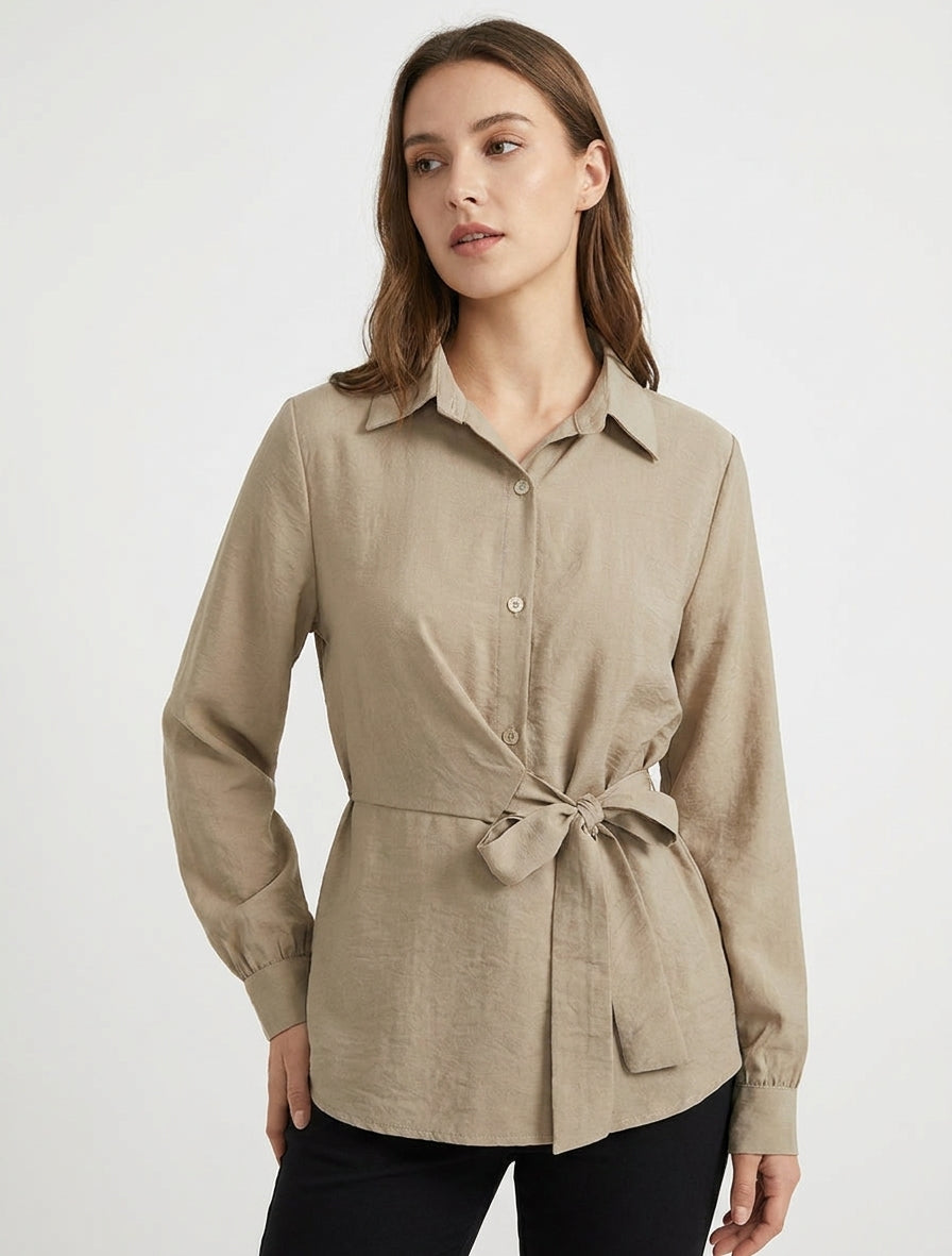 Top met lange mouwen in overhemdstijl om te knopen - Beige