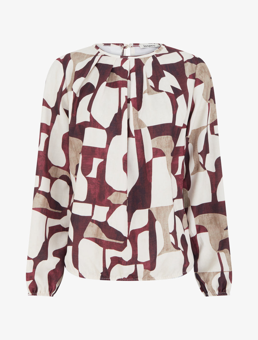 Blouse imprimé rétro à col rond - Bordeaux - 1