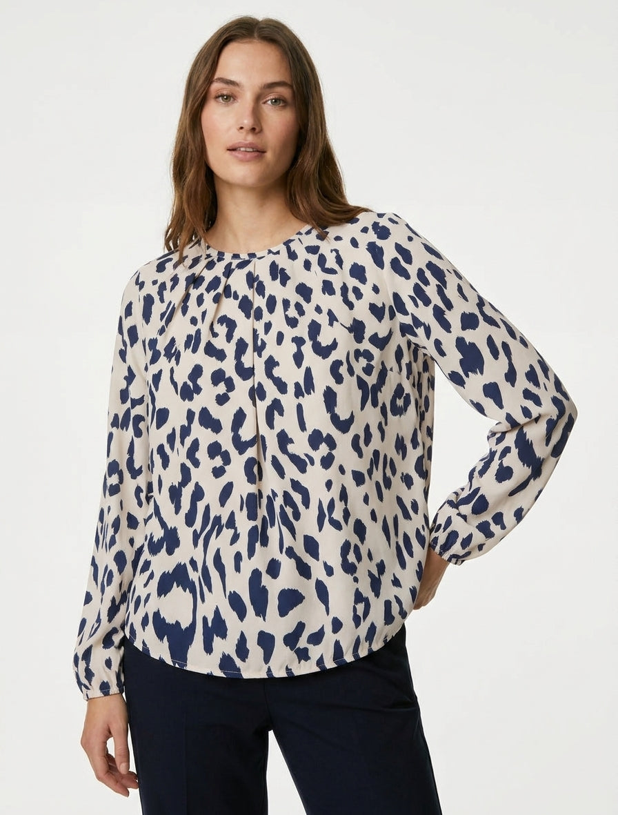 Ronde hals blouse met koeienprint - Marine