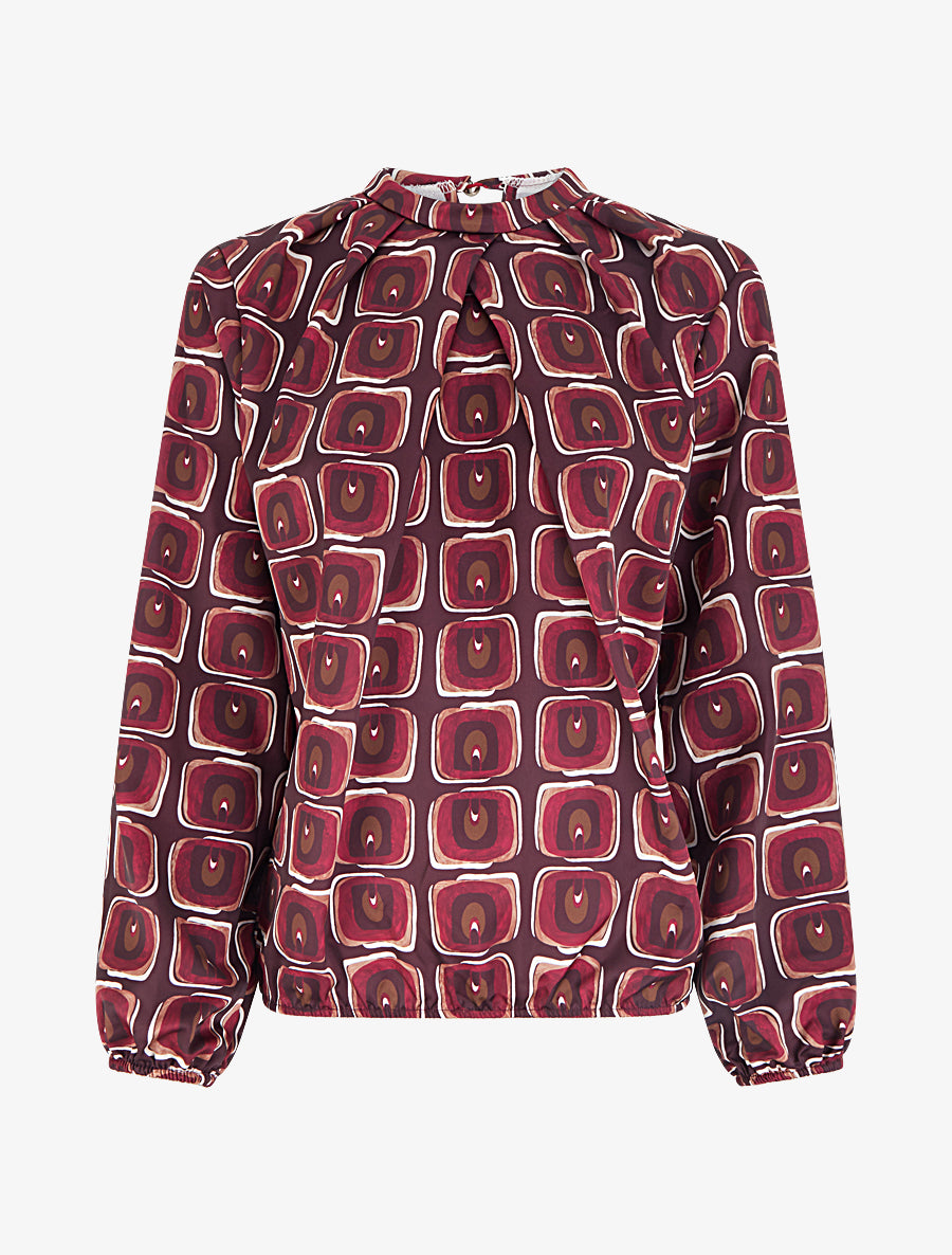 Blouse satiné imprimé rétro - Lie de vin - 1
