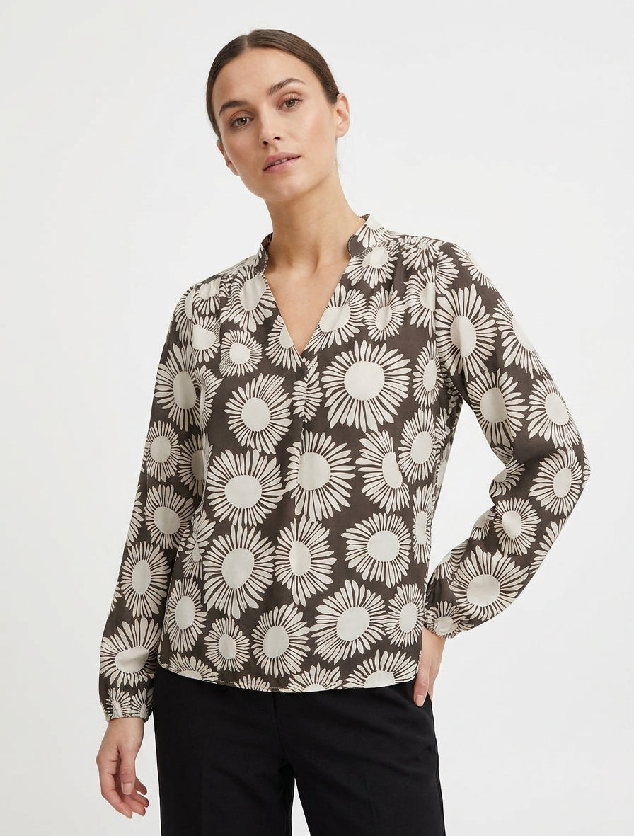 Blouse met bloemenprint en elastische manchetten - Bruin