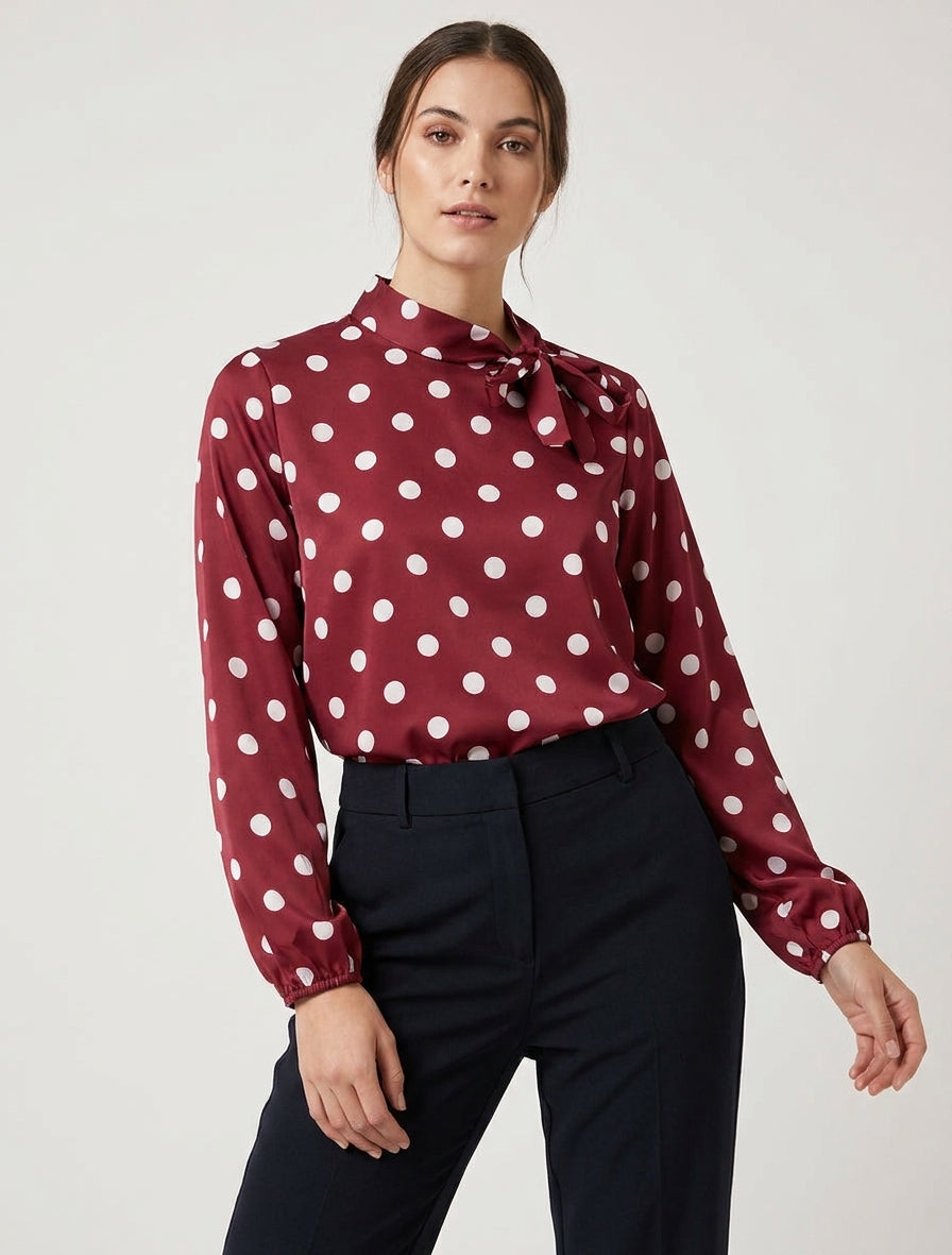 Satijnen top met strik en stippenprint - Bordeaux