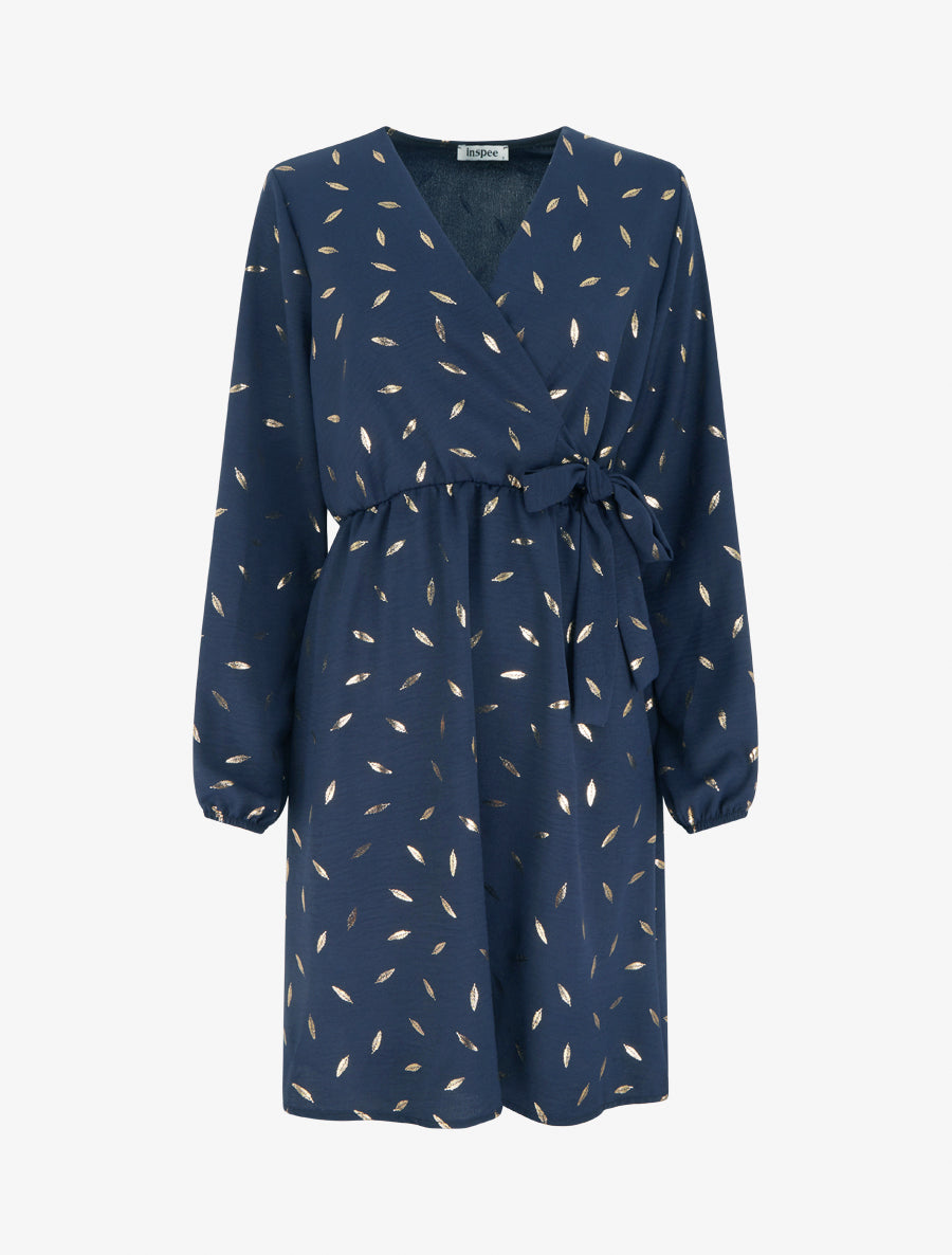 Robe élastiquée à plumes irisées - Marine - 1