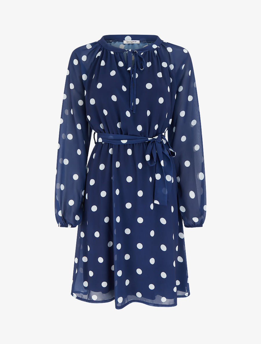 Robe à pois évasée à manches longues - Marine - 1
