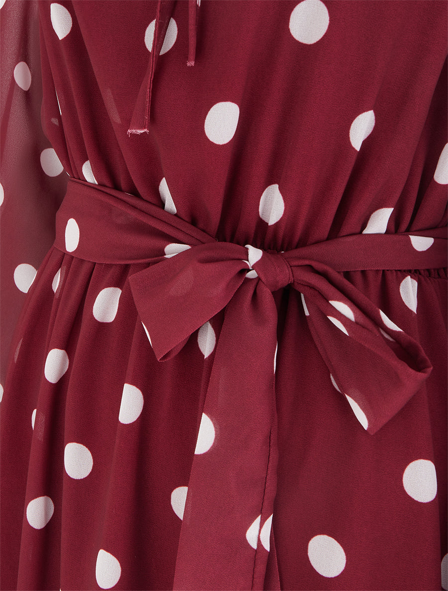 Robe à pois évasée à manches longues - Bordeaux - 3