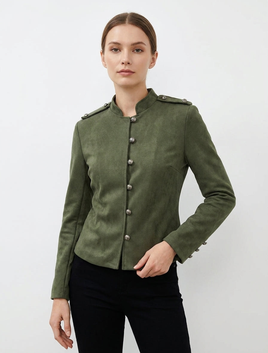 Officier stijl suèdine jas met knopen - Kaki