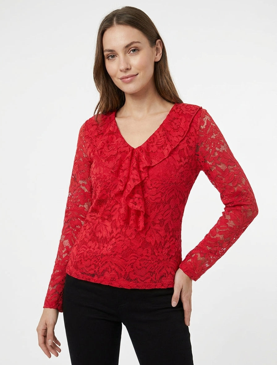 Kanten top met volant V-hals - Rood