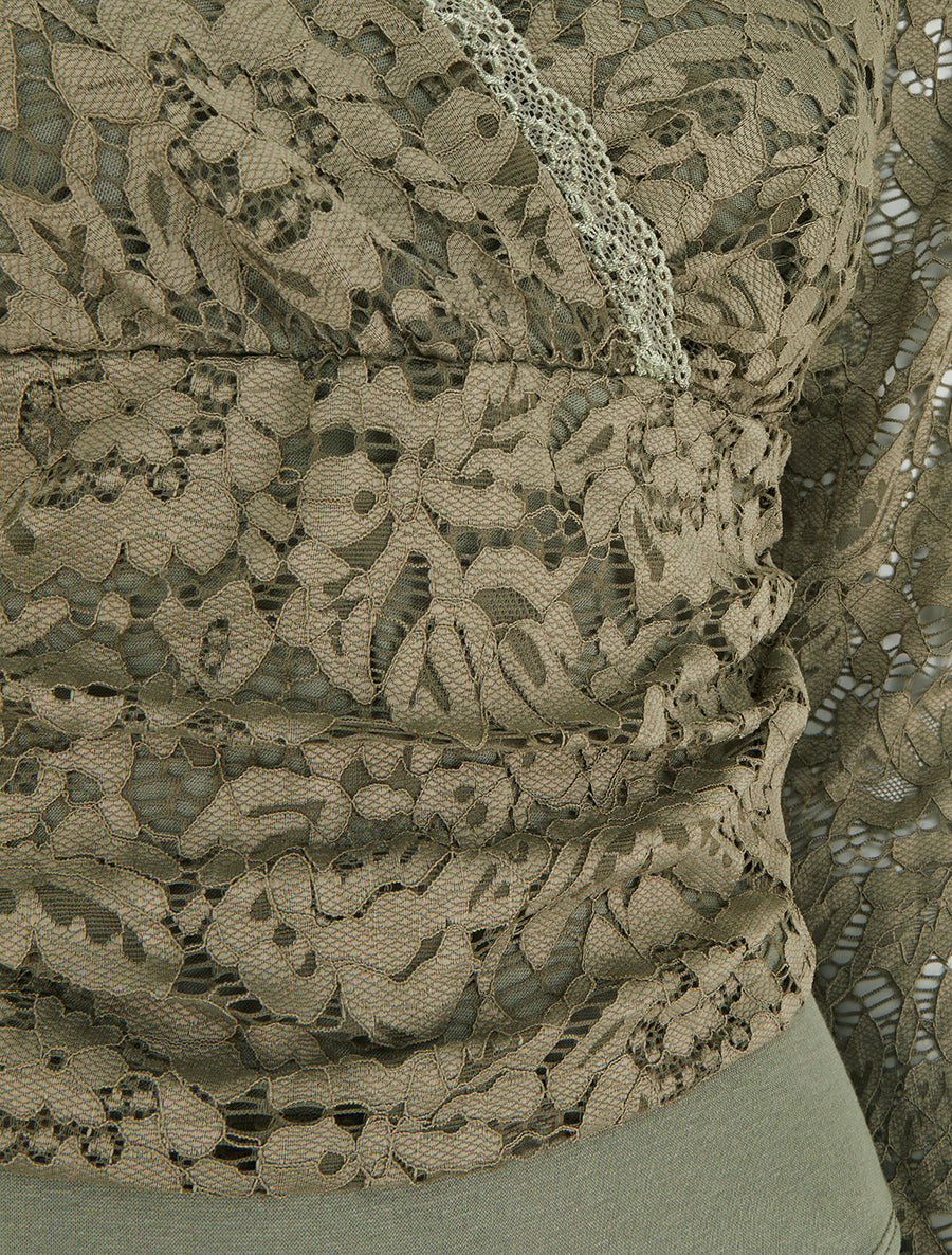 Body dentelle à manches longues et col cache-coeur - Kaki - 3