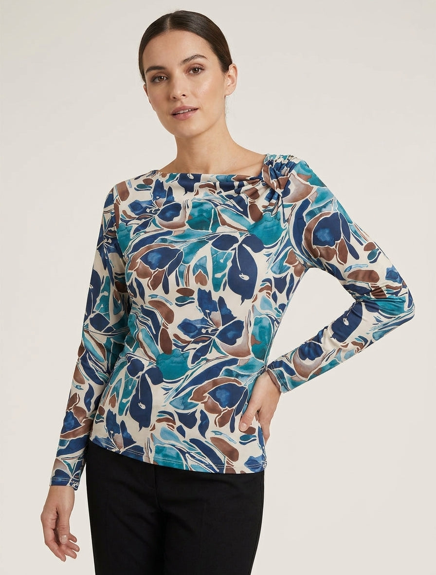 Bloemenprint top met lange mouwen - Eendenblauw