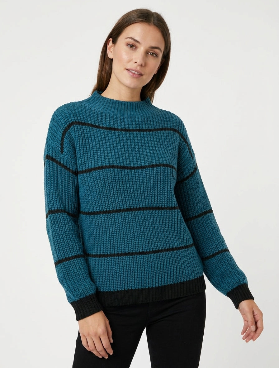 Rechte trui met opstaande kraag en strepen - Eendenblauw