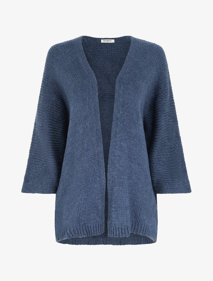 Gilet ouvert en maille épaisse à manches chauve-souris - Bleu - 1