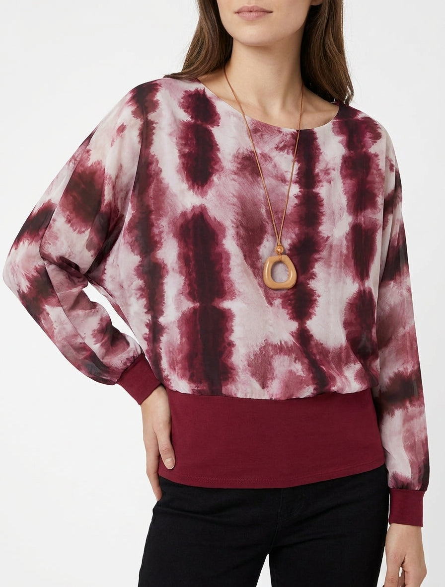 Aquarelprint top met lange vleermuismouwen - Wijnrood