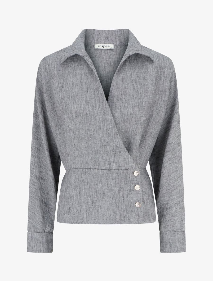 Blouse élastiquée à col cache-coeur - Noir chiné - 1