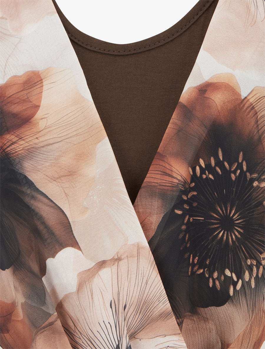 Top en voile imprimé grandes fleurs et col cache-coeur - Marron - 3