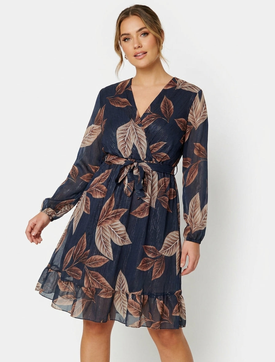 Irise jurk met bladenprint en ruchesranden - Nachtblauw